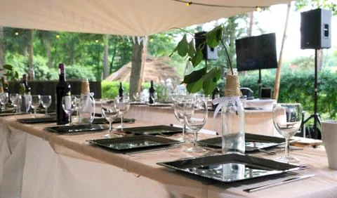 Dining table at a wedding party Stock Photos