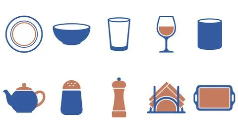 Dining tableware and kitchen serveware essentials icons with tableware, ute.. Stock Illustration