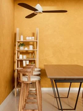 Dining wooden table and stool chair under ceiling fan and cup display shelf.. Stock Illustration