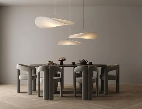 Diningroom interior design with gray empty wall, large table and served. Modern Stock Illustration