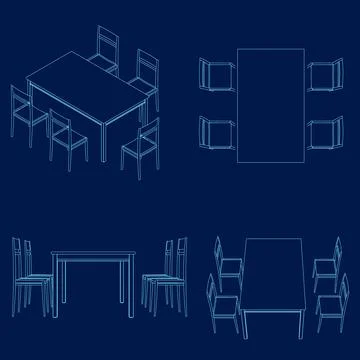 Dinner and Cafe Table with Chairs Clipart Set - Outline, Vector illustration Stock Illustration
