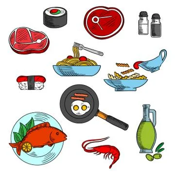 Dinner and lunch food elements Illustrazione stock