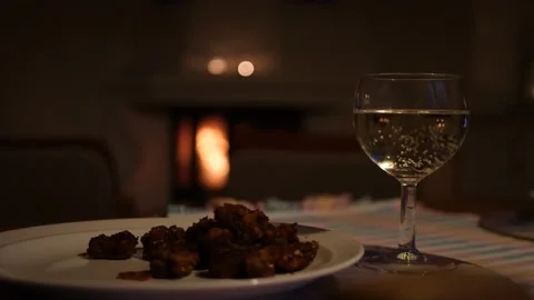 Dinner and Wine Cozy Setting with Fireplace with Candles, Pan Vídeos de archivo 172286169