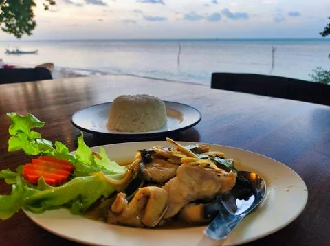 Dinner on the beach with chicken dish and rice as the sun sets over the oce.. Stock Photos