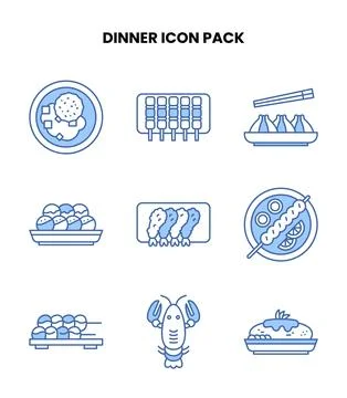 Dinner Blue Color Vector Icons Pack Stock Illustration