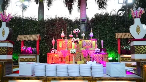 Dinner buffet decoration setup in garden Stock Footage 162666409