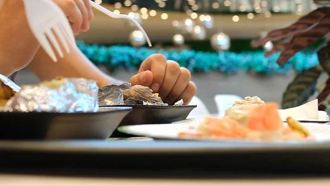 Dinner at the cafe - close up hands eat Stock Footage 78937386