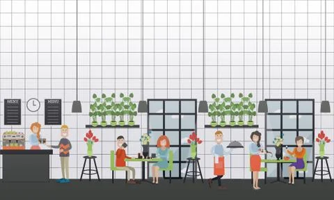 Dinner in cafe vector illustration in flat style Stock Illustration