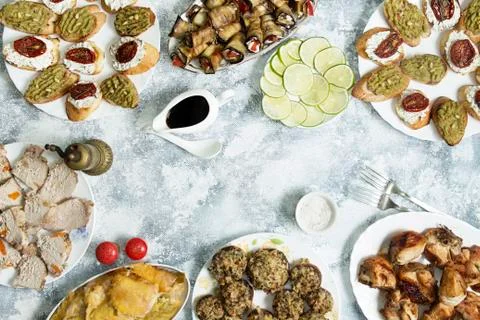 Dinner composition over on tabletop with copy space Stock Photos