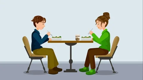 Dinner date 2D Animation. A couple in a restaurant and eating salad. Video stock 258466802