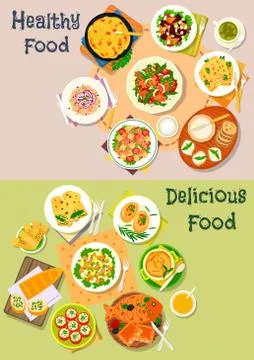 Dinner dishes with fish and cheese icon set design Stock Illustration