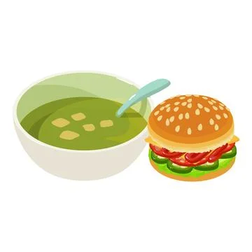 Dinner icon isometric vector. Spinach cream soup cheese hamburger with sausage イラスト素材