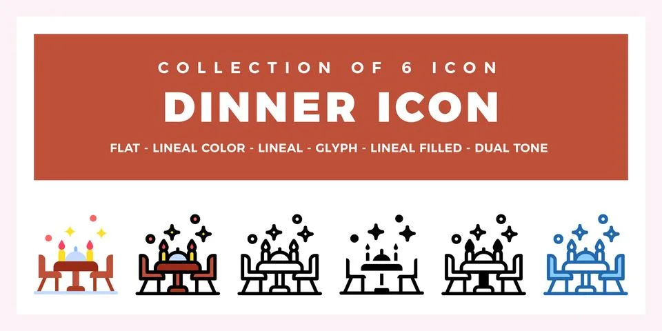 Dinner Icon Set. Elegant Table Setting. Candles. and More Stock Illustration