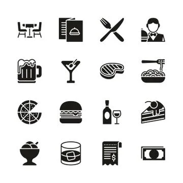 Dinner Icons Black &amp; White Set Stock Illustration