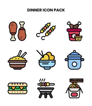 Dinner Lineal Color Bundle Icons Pack Stock Illustration