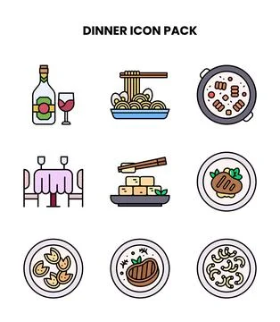 Dinner Lineal Color Bundle Icons Pack Stock Illustration