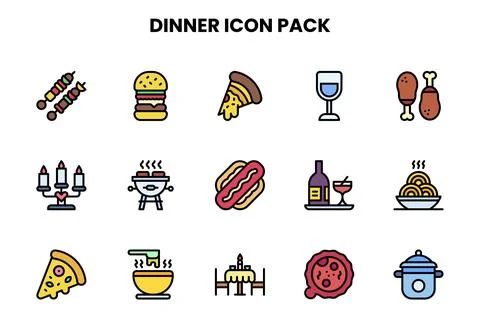 Dinner Lineal Color Vector Icons Pack Stock Illustration