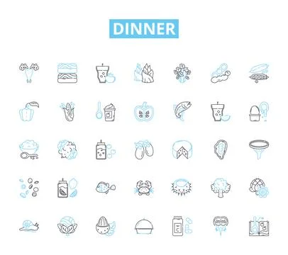 Dinner linear icons set. Feast, Plate, Meal, Dine, Cuisine, Supper, Eat line Stock Illustration