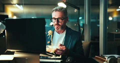 Dinner, mature man and computer with overtime for coding, programing and Stock Footage 301633497
