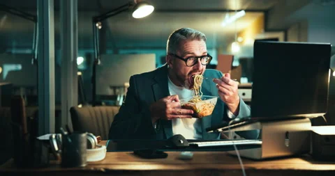 Dinner, mature man and laptop with deadline for coding, programing and software Stock Footage 301392653