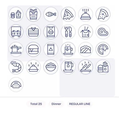 Dinner Modern Vector Collection with 25 Regular Line 128x128 Grid Fitted Icon Stock Illustration