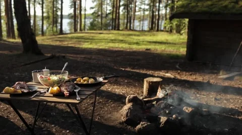 Dinner on the Nature of the Fire. Fish With Potatoes and Salad Stock Footage 67431397
