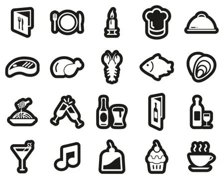 Dinner Or Romantic Dinner Icons White On Black Sticker Set Big Illustrazione stock