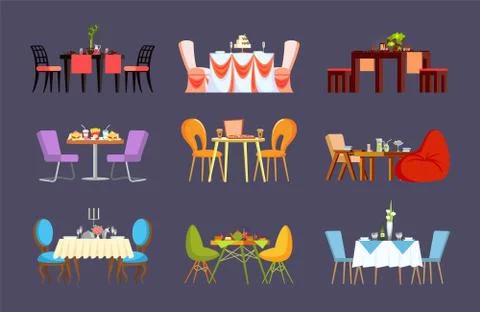 Dinner or Wedding Settings on Restaurant Tables Stock Illustration