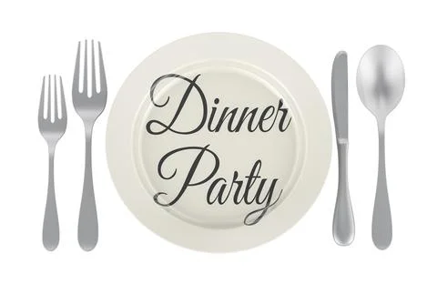 Dinner Party concept. Plate with text. 3D rendering Stock Illustration