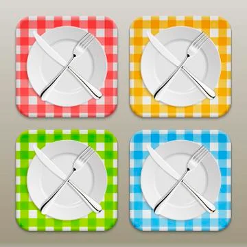 Dinner place setting icon set. Realistic white plate with silver fork and spoon Stock Illustration