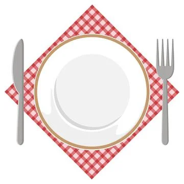 Dinner Plate with Cutlery on Red Checkered Napkin Stock Illustration