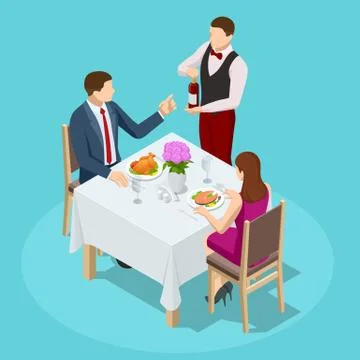 Dinner In Restaurant. Young couple having dinner in a restaurant. Man and woman Stock Illustration