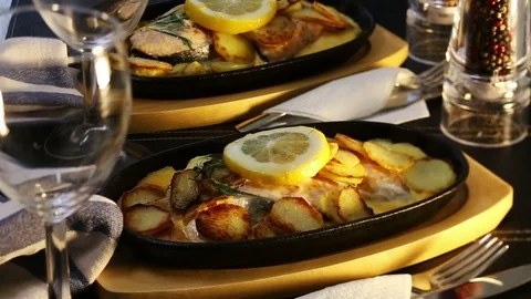 Dinner with salmon and wine Stock-Footage 74898474