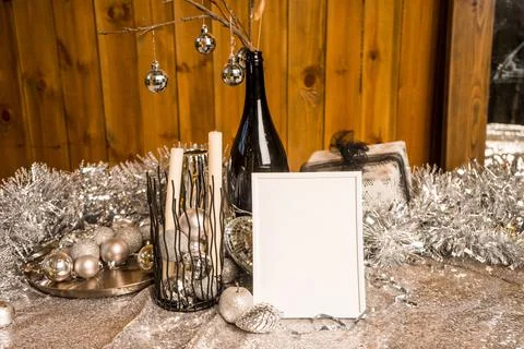 Dinner set table decorated lights garland lighting holiday frame mock up Stock Photos
