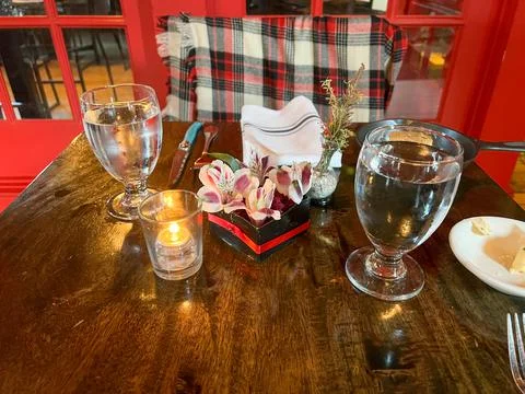 Dinner setting at a fancy restaurant Stock Photos