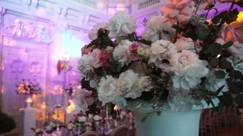Dinner setting up festive table flowers decorations wedding party reception. Stock Footage 195875451