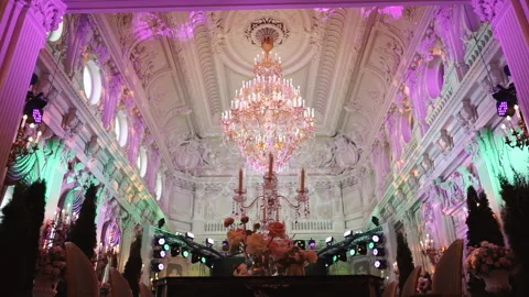 Dinner setting up festive table flowers decorations wedding party reception. Stock Footage 195876198