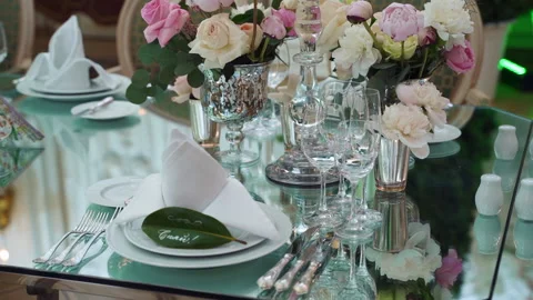 Dinner setting up festive table flowers decorations wedding party reception. Stock Footage 195876564