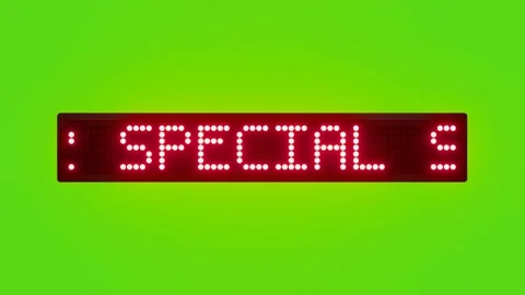 DINNER SPECIAL STARTS AT 7 PM Scrolling Red Dot Matrix LED Text Animation on Stock Footage 317364752
