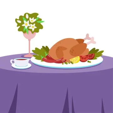 Dinner on a table covered with a tablecloth. Baked chicken with vegetables and Stock Illustration