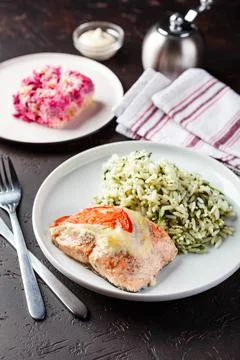 Dinner table with different dishes, set menu for nutritious healthy lunch i.. Stock Photos