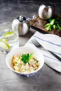 Dinner table with different dishes, set menu for nutritious healthy lunch in  Stock Photos