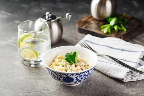 Dinner table with different dishes, set menu for nutritious healthy lunch i.. Stock Photos