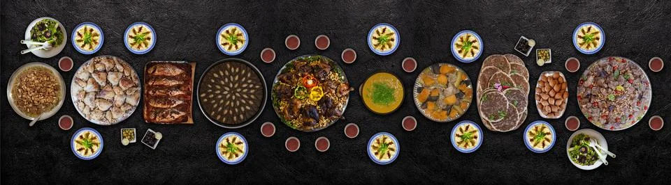 Dinner table , Different types of Oriental or Middle east food on a dinner ta Foto stock