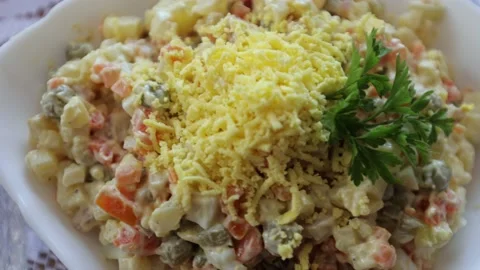 Dinner table, salad in mayonnaise, ready-made salad, Ukrainian cuisine Stock Footage 219329523