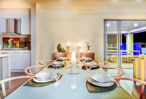 Dinner table setting in a house Stock Photos