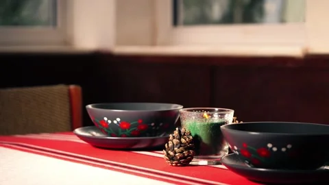 Dinner table for two set with crockery Stock Footage 296681710