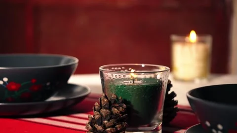 Dinner table for two set with crockery Stock Footage 313452960