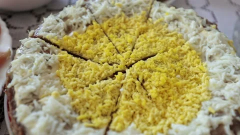 A dinner table with various dishes, Ukrainian folk dishes, salads, etc. Stock Footage 219329608