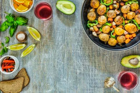 Dinner table , Vegetarian dinner, red wine, delicious  lunch 写真素材